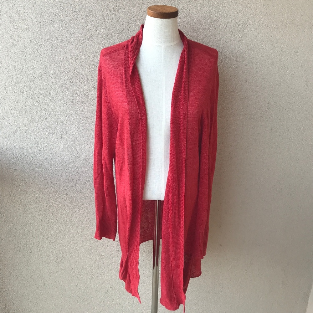 Eileen Fisher Red Linen Open Cardigan Sweater